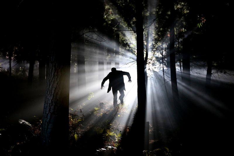 Siluett av en person som springer genom en dimmig skog