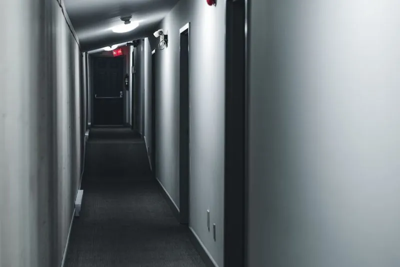 En stängd dörr i en dunkel hall